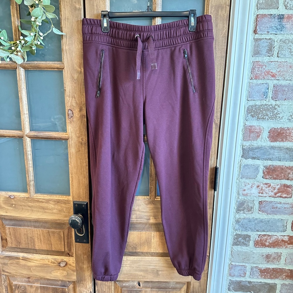 Athleta Bounce Back Jogger Women L Burgundy Maroon Fleece‎ Zipper Pockets 487575